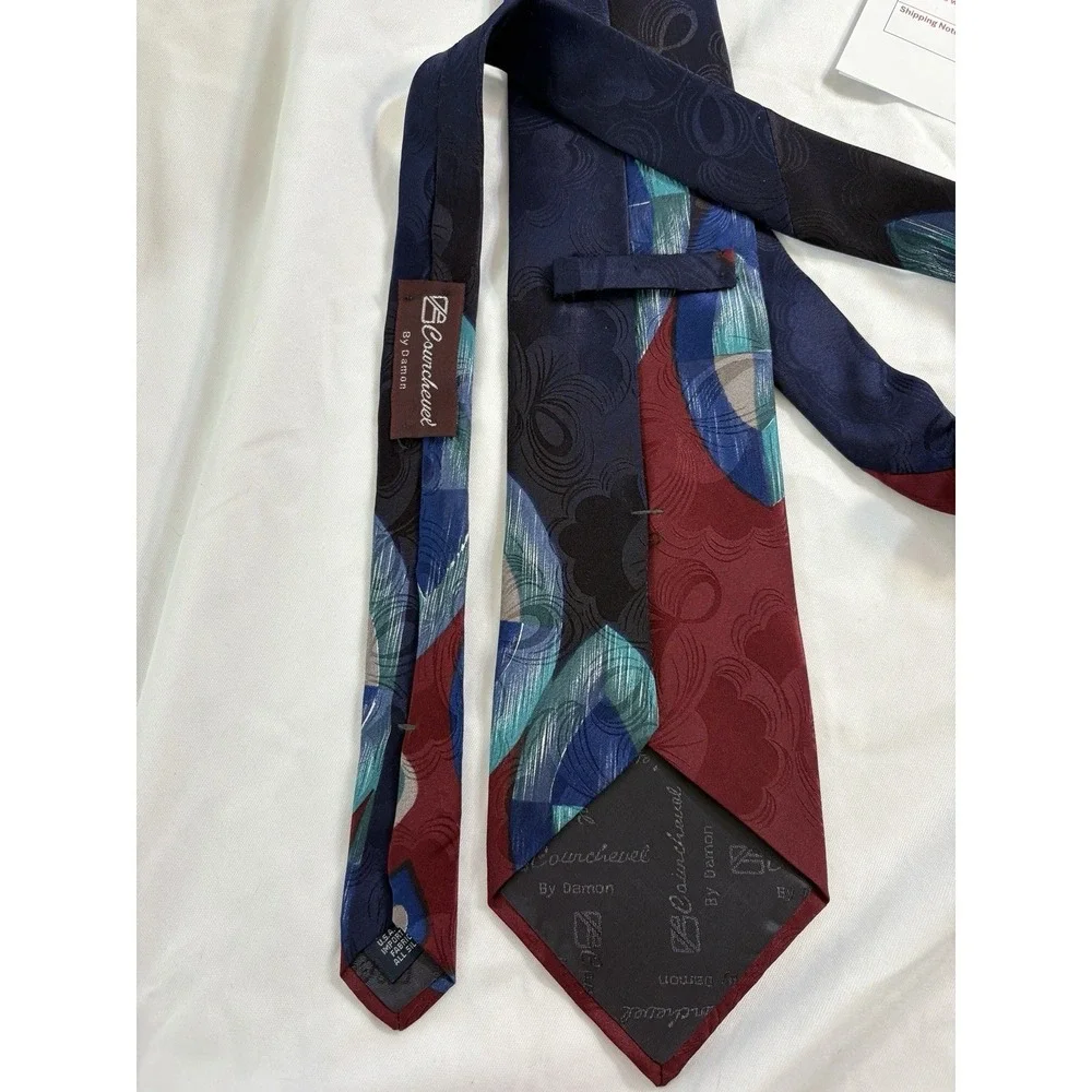 Vintage COURCHEVEL by DAMON Silk Necktie - Bold Geometric Abstract Red Blue Teal